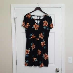 Short, flutter sleeve black floral dress